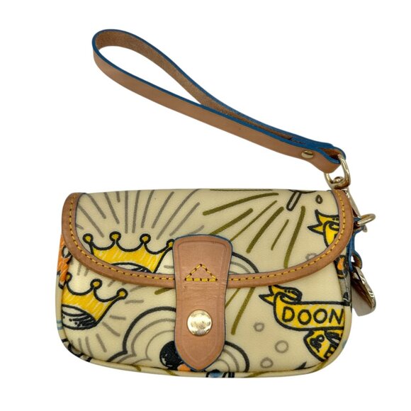 Dooney & Bourke Wristlet Clutch Bag 6x4x1 With Cartoon Print and Leather Trim - Picture 1 of 10